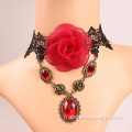 Collier pendentif mode dentelle rouge Rose pierres précieuses